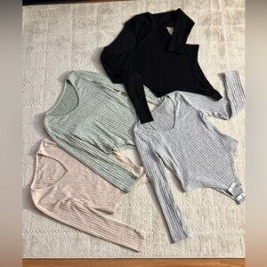 SHEIN EZwear 4pcs Ribbed Knit V Neck Bodysuit
